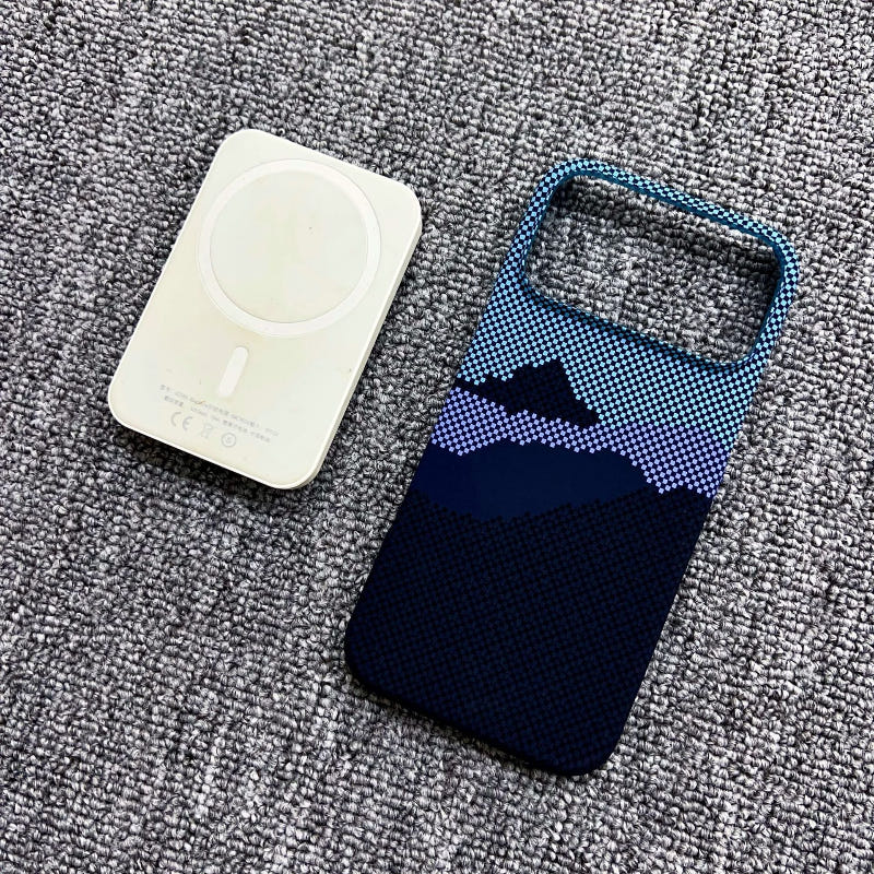 Magnetic iPhone case with dark blue gradient back, camera cutout, plus white magnetic plate