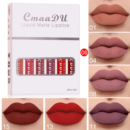 CmaaDu liquid matte lipstick set box with lip shade swatches in nude, red, mauve