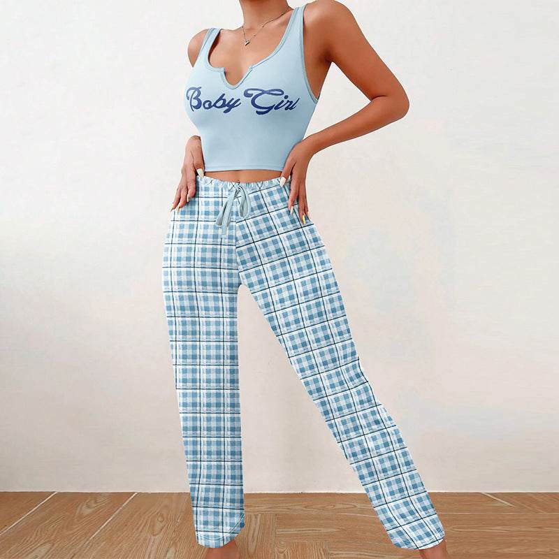 Spring Summer Women's Casual Pajamas Home Wear Vest Color Matching Plaid Trousers Letter Print Top Ladies 2 Pcs Home Clothes Sleepwear - YAXSO