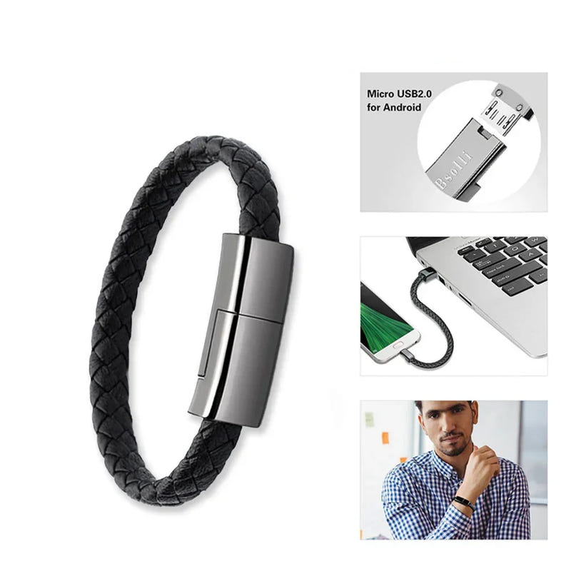 Black braided bracelet charging cable with USB connector and metal clasp
