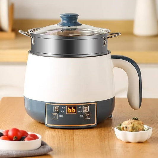 Electric pot on a wooden table with bowls of food in the background