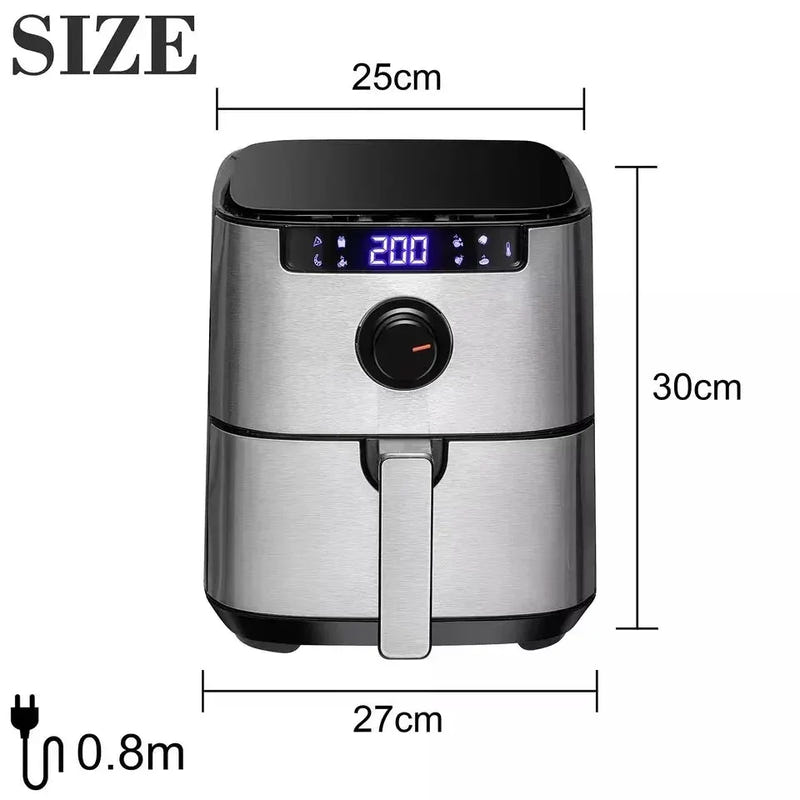 Air fryer size diagram showing 25 cm width and 30 cm height, with digital display