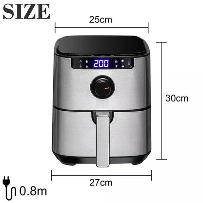 Air fryer size diagram showing 25 cm width and 30 cm height, with digital display