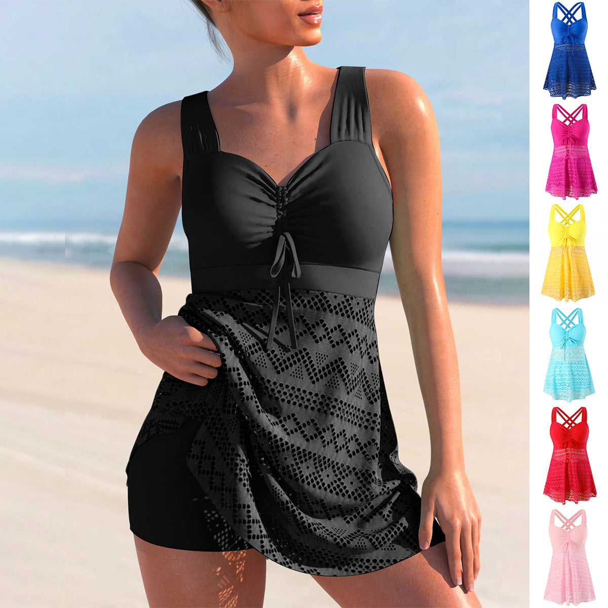 Woman wearing a black swimsuit with a beach background and color options displayed on the right.