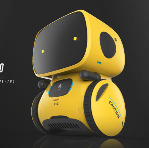Yellow voice recognition education robot with rounded head and front controls.