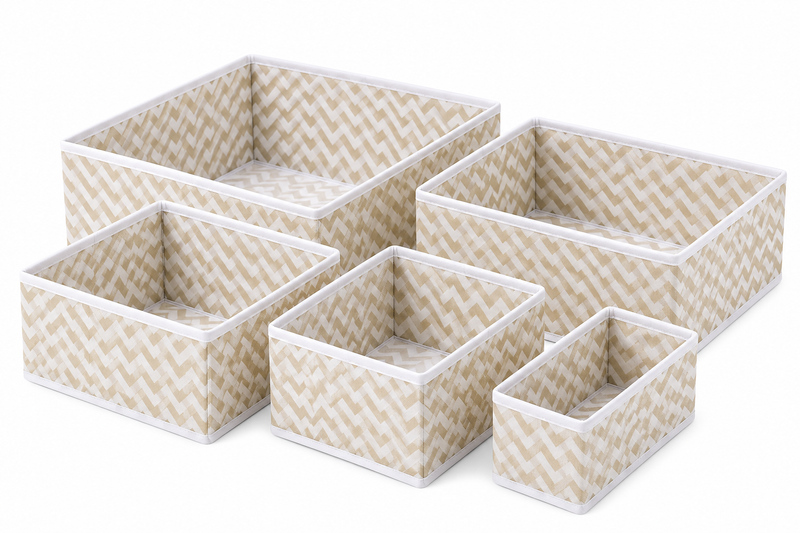 6-piece foldable fabric drawer organizer set with chevron pattern bins, beige and white
