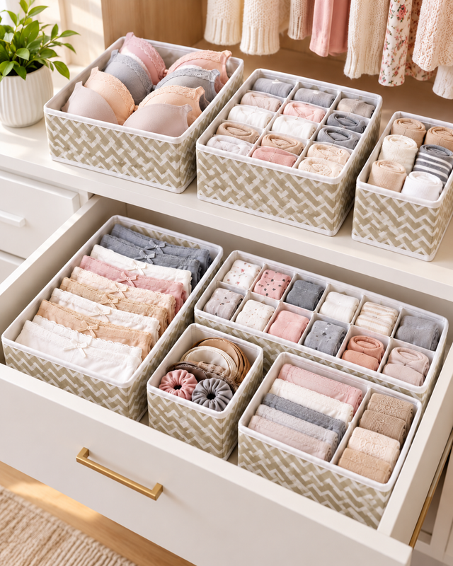 Chevron fabric drawer organizer bins neatly packed with folded clothing in a dresser drawer