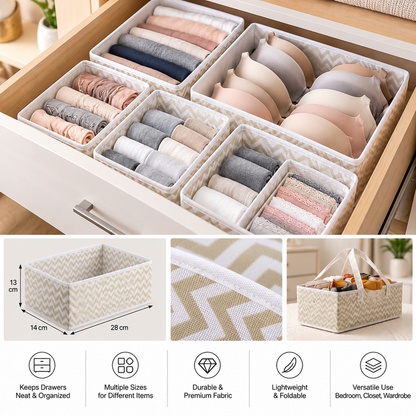 Foldable fabric drawer organizers with chevron design, holding folded clothes inside a drawer