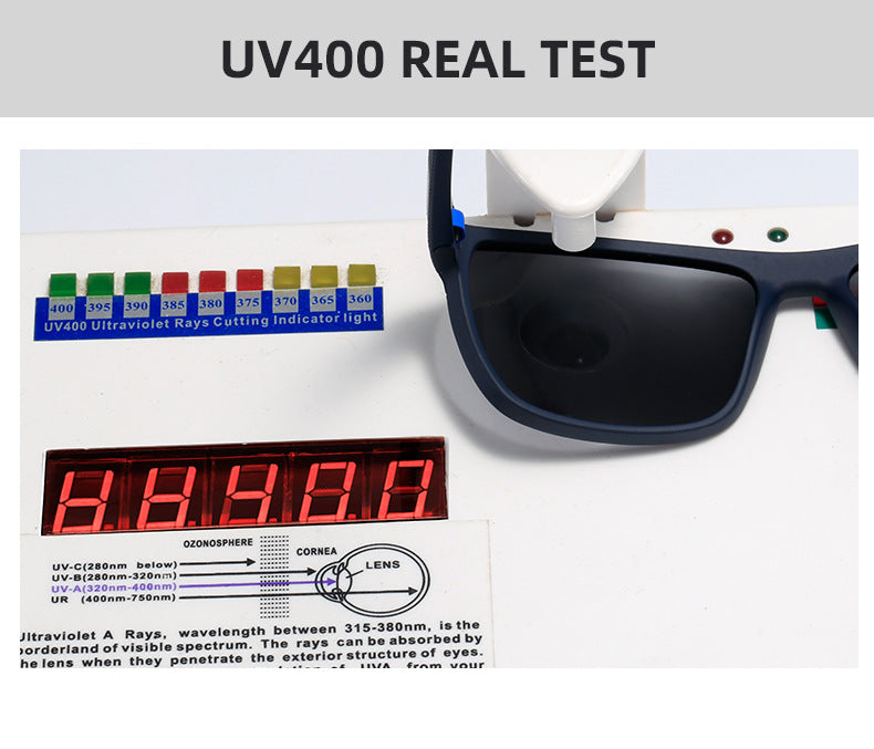 Sunglasses with UV400 indicator showing a reading on a white background
