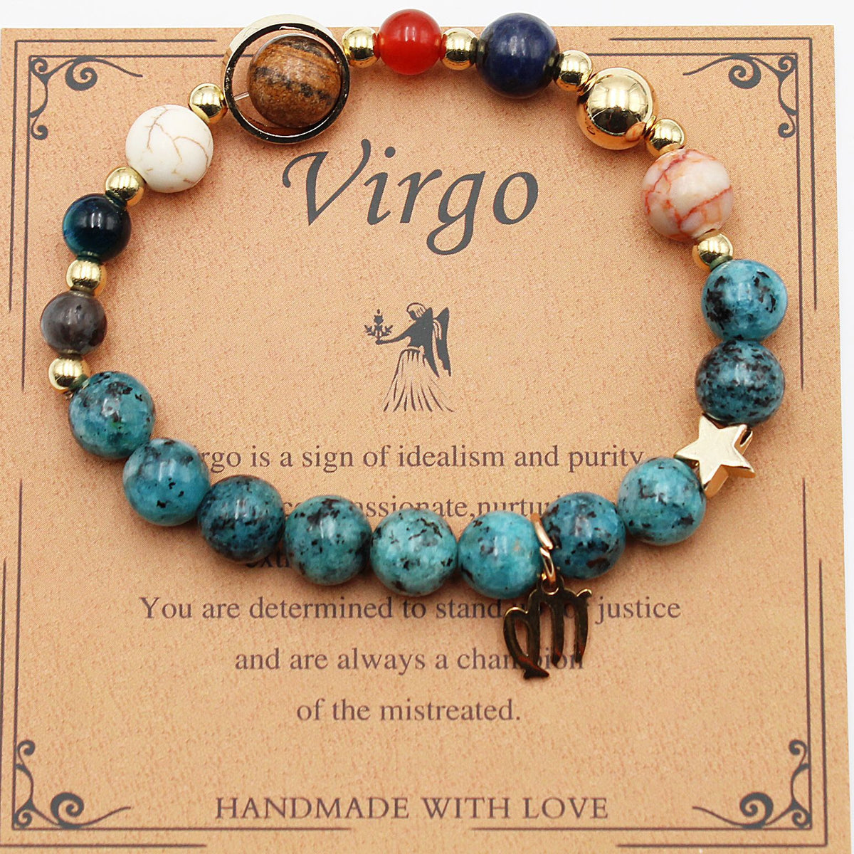 Virgo zodiac stone bracelet with teal beads, gold tone accents, star charm, round pendant