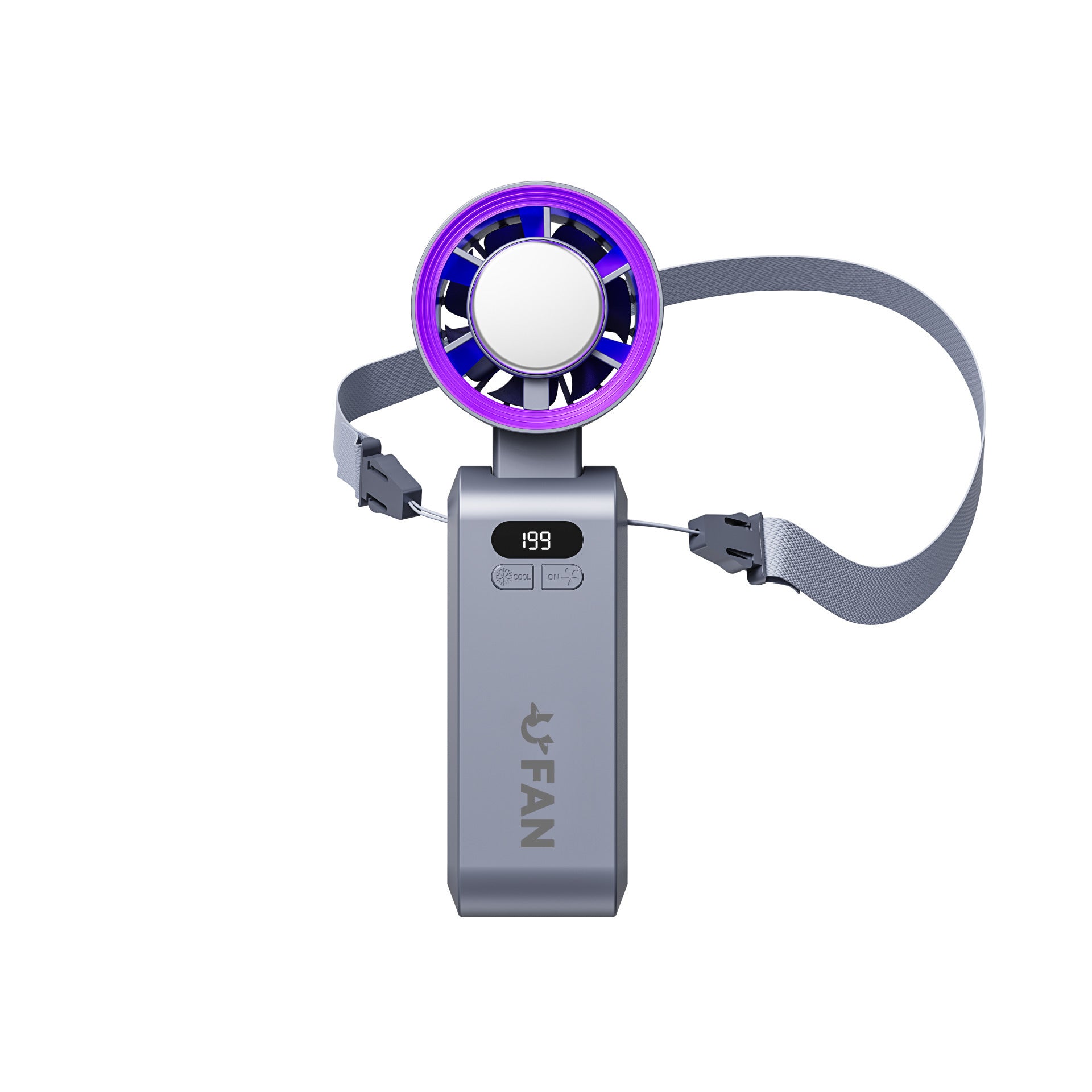 Handheld fan with purple accents and digital display on a white background