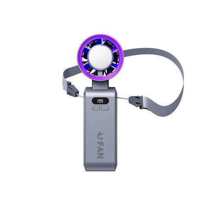 Blue-gray portable handheld cooling fan with purple LED ring head and carry strap
