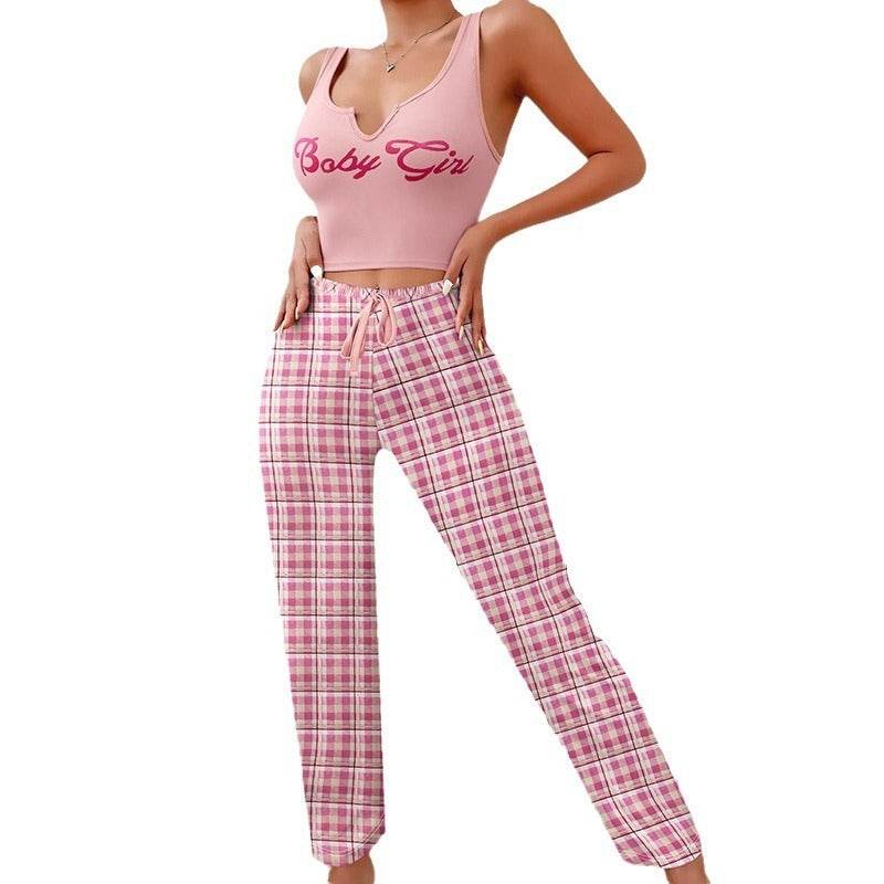 Spring Summer Women's Casual Pajamas Home Wear Vest Color Matching Plaid Trousers Letter Print Top Ladies 2 Pcs Home Clothes Sleepwear - YAXSO