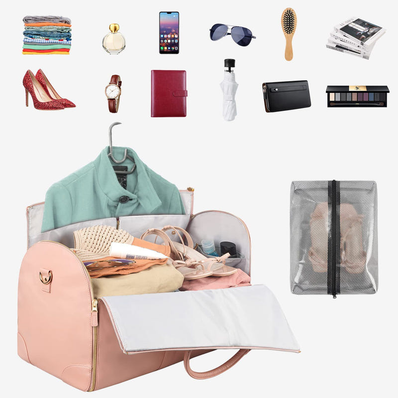 Large capacity travel duffle bag, pale pink open with organizer pockets and mesh zip pouch