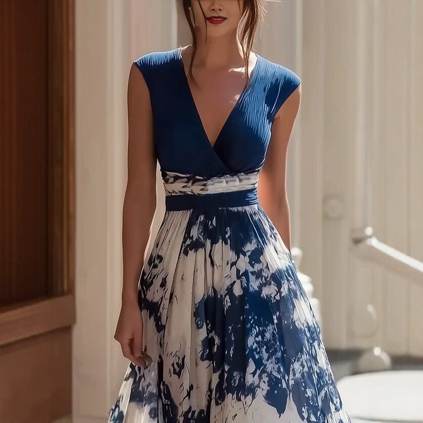 Woman wearing a blue and white floral dress indoors.
