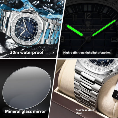 Quartz dress watch with silver metal bracelet and dark blue dial with water splashes