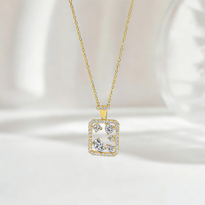 S925 sterling silver geometric rectangle necklace featuring mixed-cut D Color VVS1 moissanite stones with pave halo border in silver and gold finishes