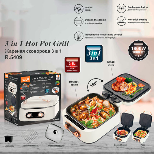3-in-1 hot pot grill with cooking options and features on a gray background