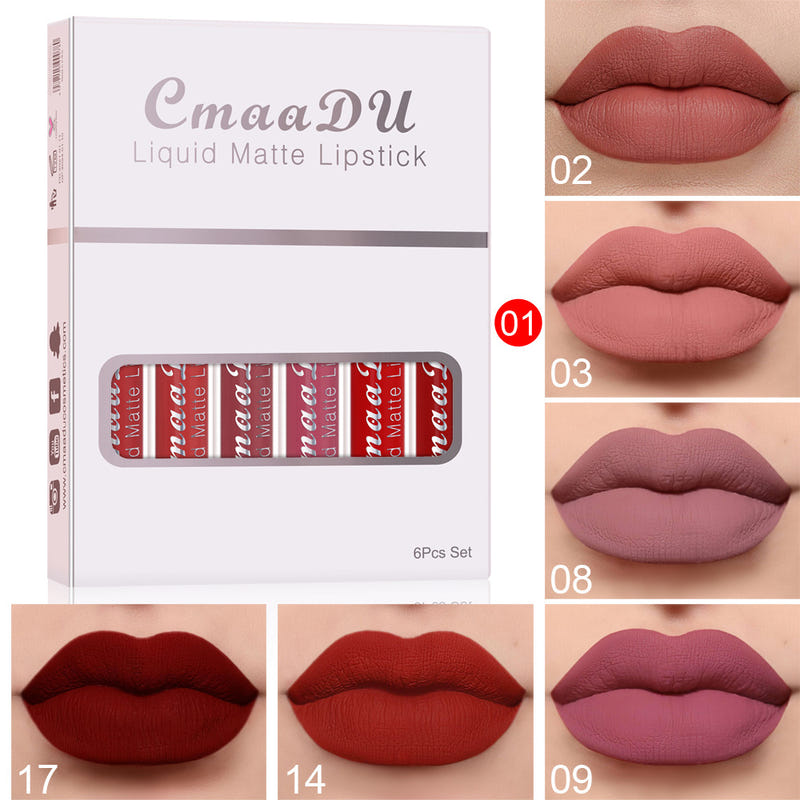 CmaaDu liquid matte lipstick set box with lip shade swatches in nude, red, plum
