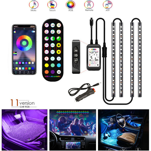 Car RGB ambient light kit with wireless remote, music controller, and LED strip lights