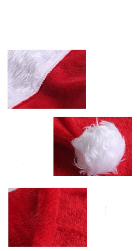 Red plush Santa hat close-up with white fur trim and fluffy pom-pom