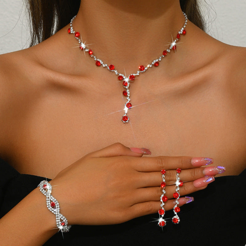 Red crystal necklace with matching bracelet and drop earrings
