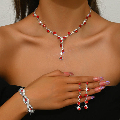 Red crystal necklace with matching bracelet and drop earrings