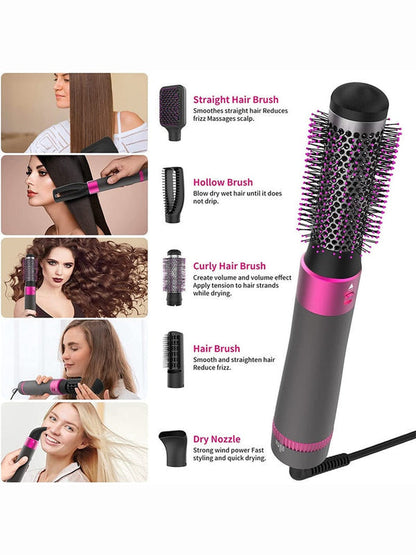 5-in-1 hair dryer brush with straight and curly nozzles, grey handle and pink vented barrel.