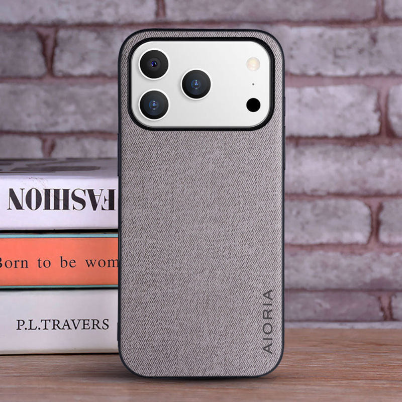 iPhone PU leather case in dark gray with textured finish, camera cutout, and AIORIA logo