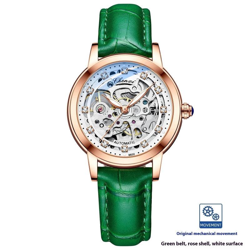 Green wristwatch with rose gold case and white face. YAXSO UAE ONLINE STORE