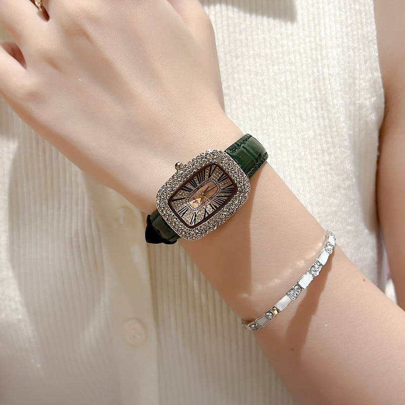 Women's diamond waterproof quartz watch with green leather-look strap and rectangular bezel