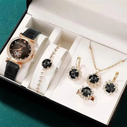 Jewelry set with watch, necklace, and earrings in a box