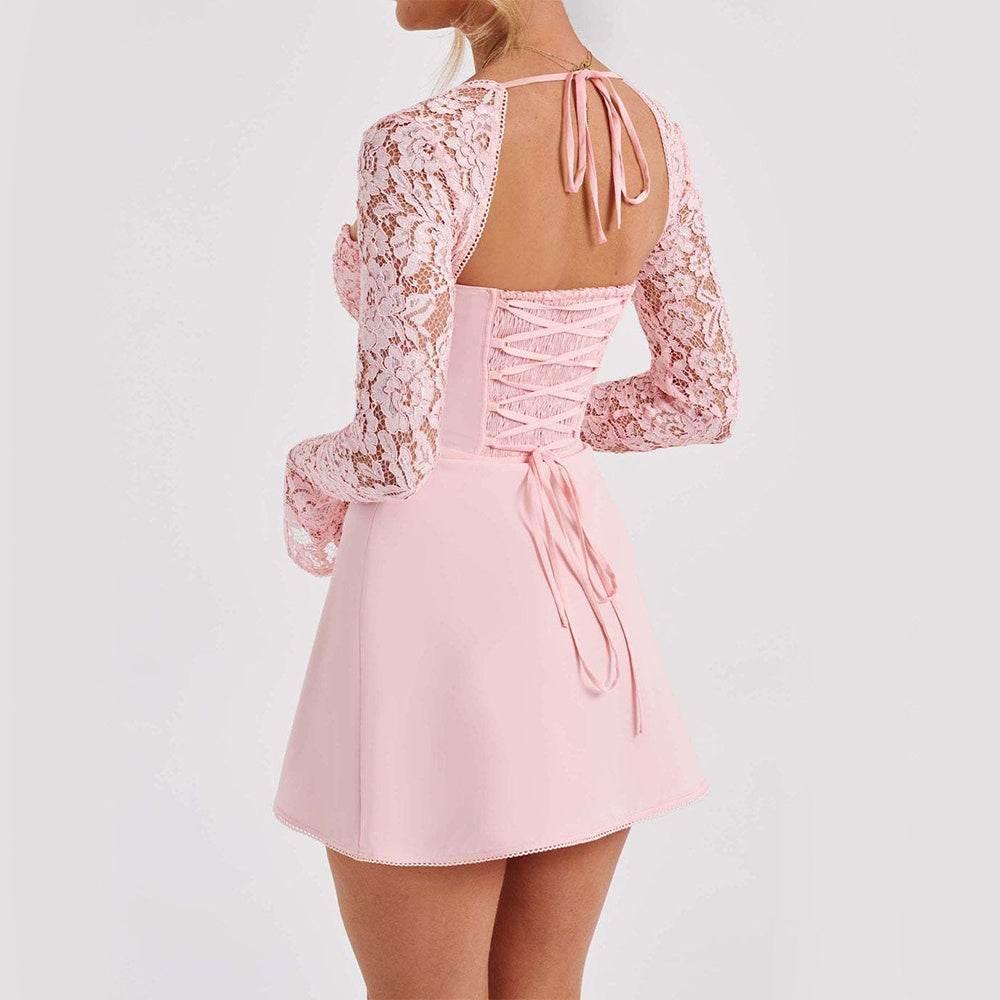 Fashion Corset Lace Long Sleeve Dress Sexy Y2K Backless Lace Up Short Dresses Womens Clothing - YAXSO
