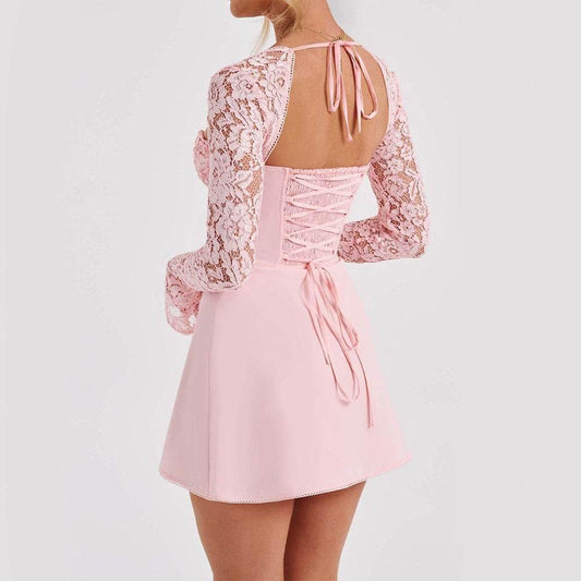 Fashion Corset Lace Long Sleeve Dress Sexy Y2K Backless Lace Up Short Dresses Womens Clothing - YAXSO