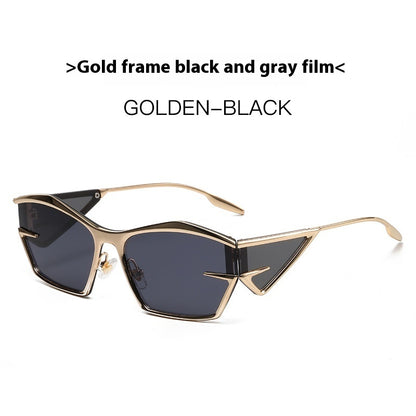 Sunglasses with gold frame and black lenses on a white background
