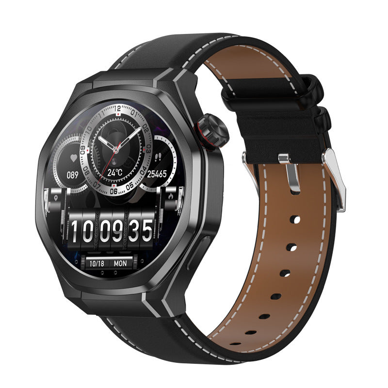 Smartwatch with a black and brown leather strap on a white background
