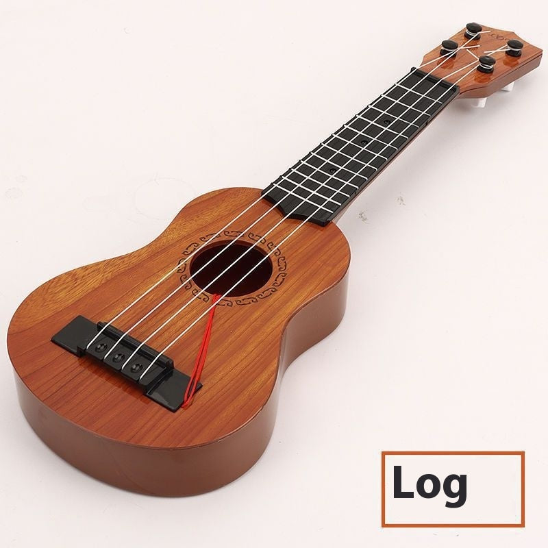 Kids wooden 4-string ukulele toy, log finish; close front view of sound hole and bridge