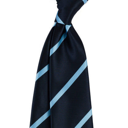 Navy blue tie with light blue stripes on a white background