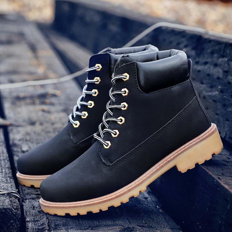 Men's high-top leather boots, black lace-up with contrast stitching and thick tan outsole