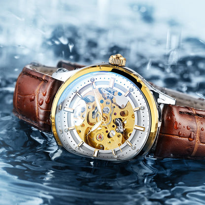 Luxury watch with a gold and silver face and brown leather strap on water