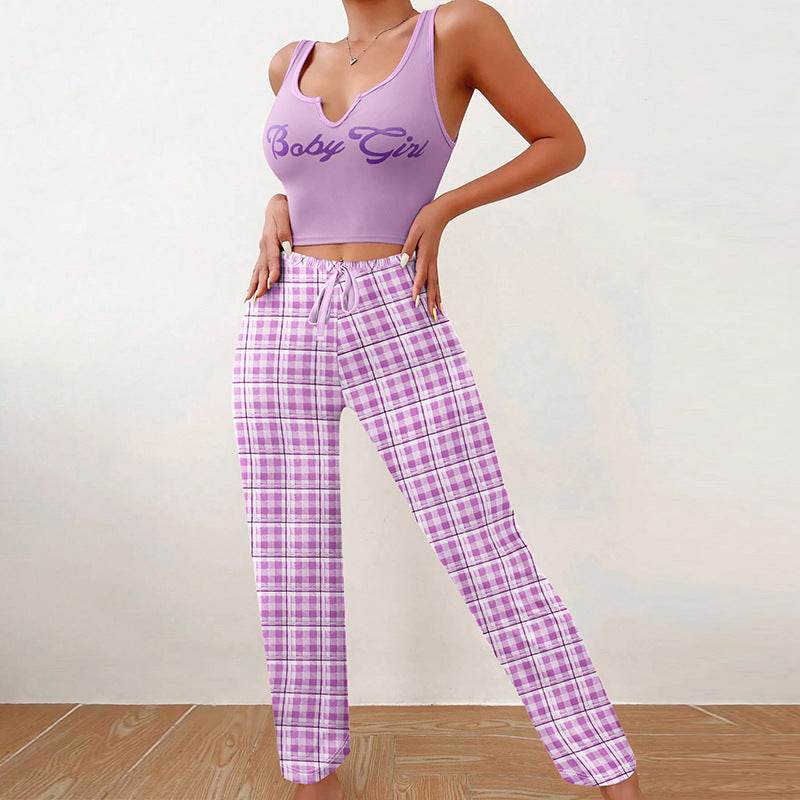 Spring Summer Women's Casual Pajamas Home Wear Vest Color Matching Plaid Trousers Letter Print Top Ladies 2 Pcs Home Clothes Sleepwear - YAXSO