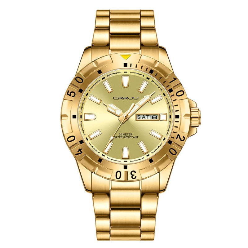 Gold wristwatch with a white dial on a white background