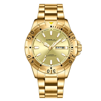 Gold wristwatch with a white dial on a white background