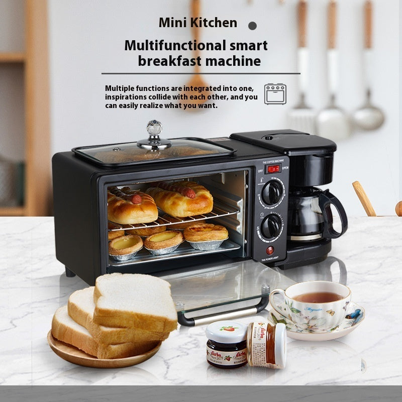 Multifunctional smart breakfast machine with baked goods and coffee on a kitchen counter.