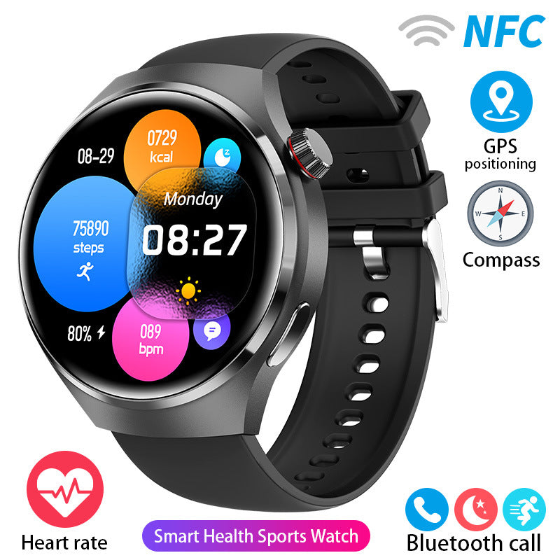 Round smartwatch with black silicone strap and colorful heart-rate display