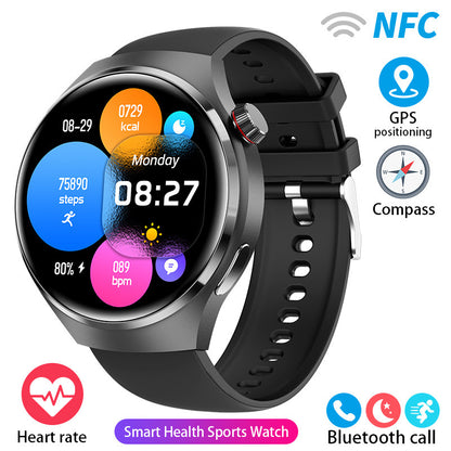 Round smartwatch with black silicone strap and colorful heart-rate display