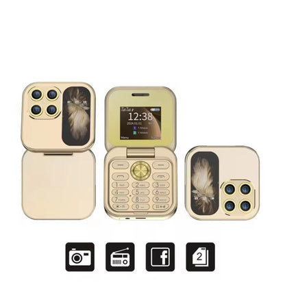 Champagne gold flip phone case with dual cameras and pocket card holder