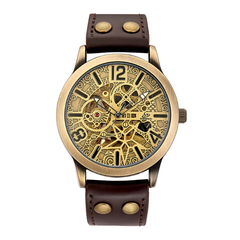 Mechanical watch with brown leather strap on a white background