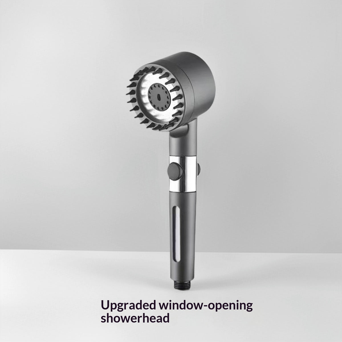 Handheld showerhead with circular spray head and dark metal handle