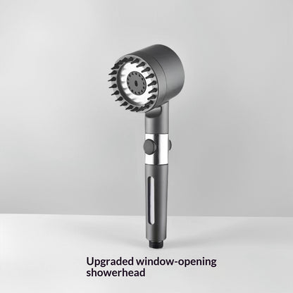 Handheld showerhead with circular spray head and dark metal handle